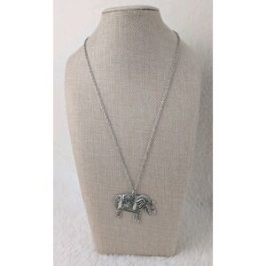 Silver Tone Elephant Pendant Necklace Boho‎ Tribal Style Long Chain Statement...